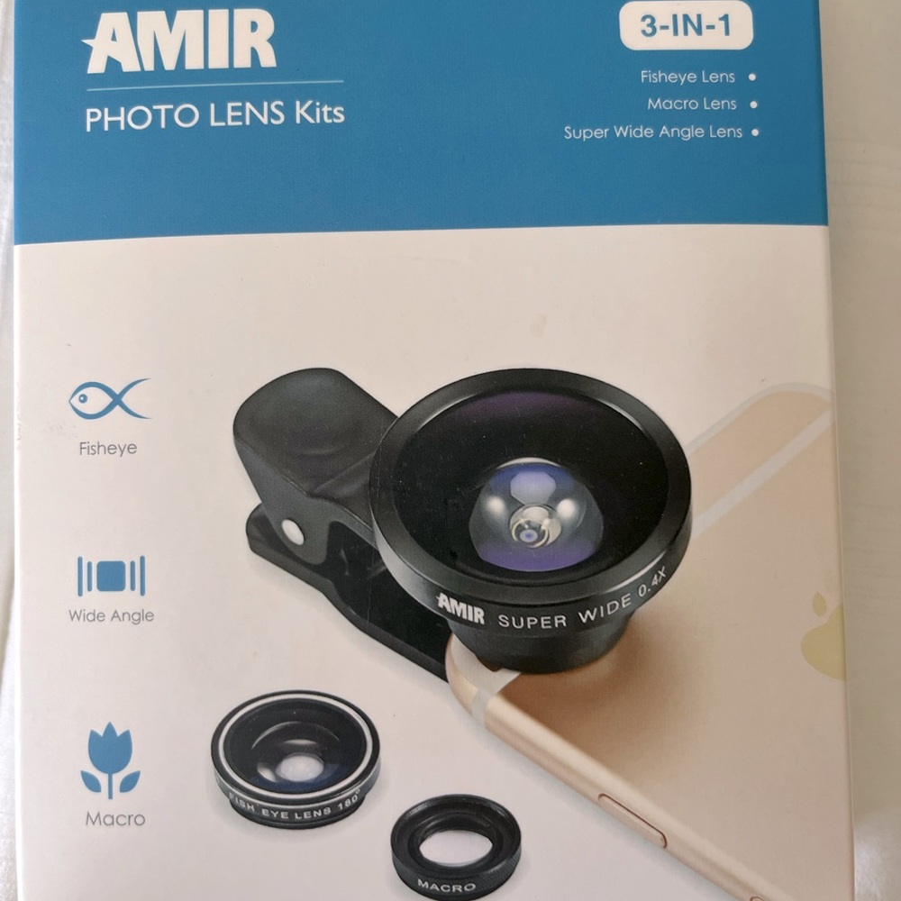 Amir 3-in-1 Photo Lens Kit Fisheye, Super Wide Angle, Macro For Android & iPhone